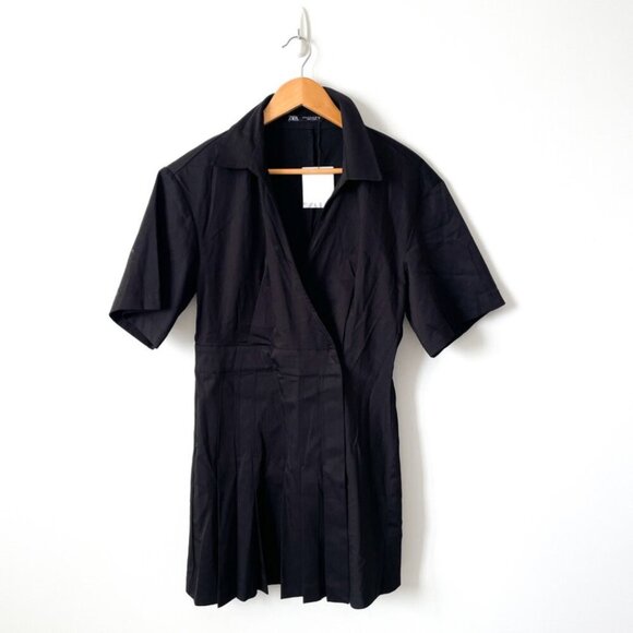 Zara Stretch Poplin Short Sleeve Pleated Tennis Mini Dress NWT Black Sz Medium - Picture 4 of 9